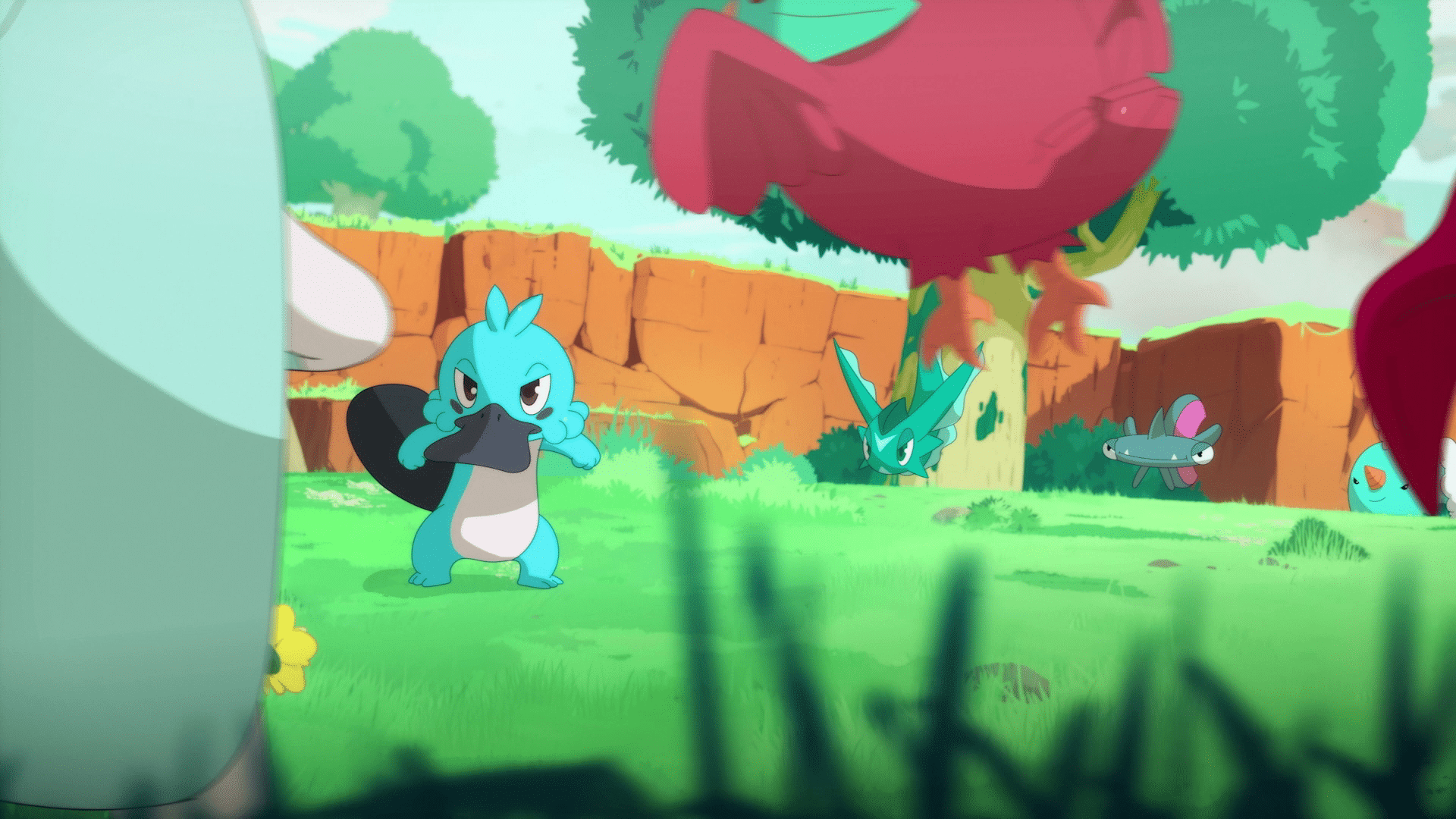 fotograma del trailer 2d del videojuego temtem swarm, platy rodeado de enemigos